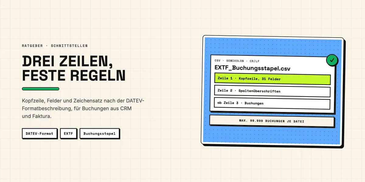Ausschnitt einer CSV-Datei mit EXTF-Kopfzeile und Buchungszeilen in einem Texteditor
