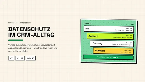Kontaktkarte in einem CRM mit Schloss-Symbol, Exportpfeil und Papierkorb für Auskunft und Löschung